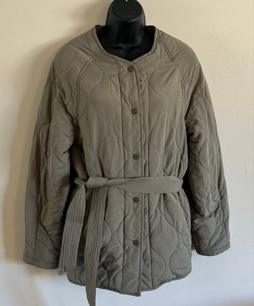 EVEREVE XS Olive Quilted Belted Jacket Coat Snap Front